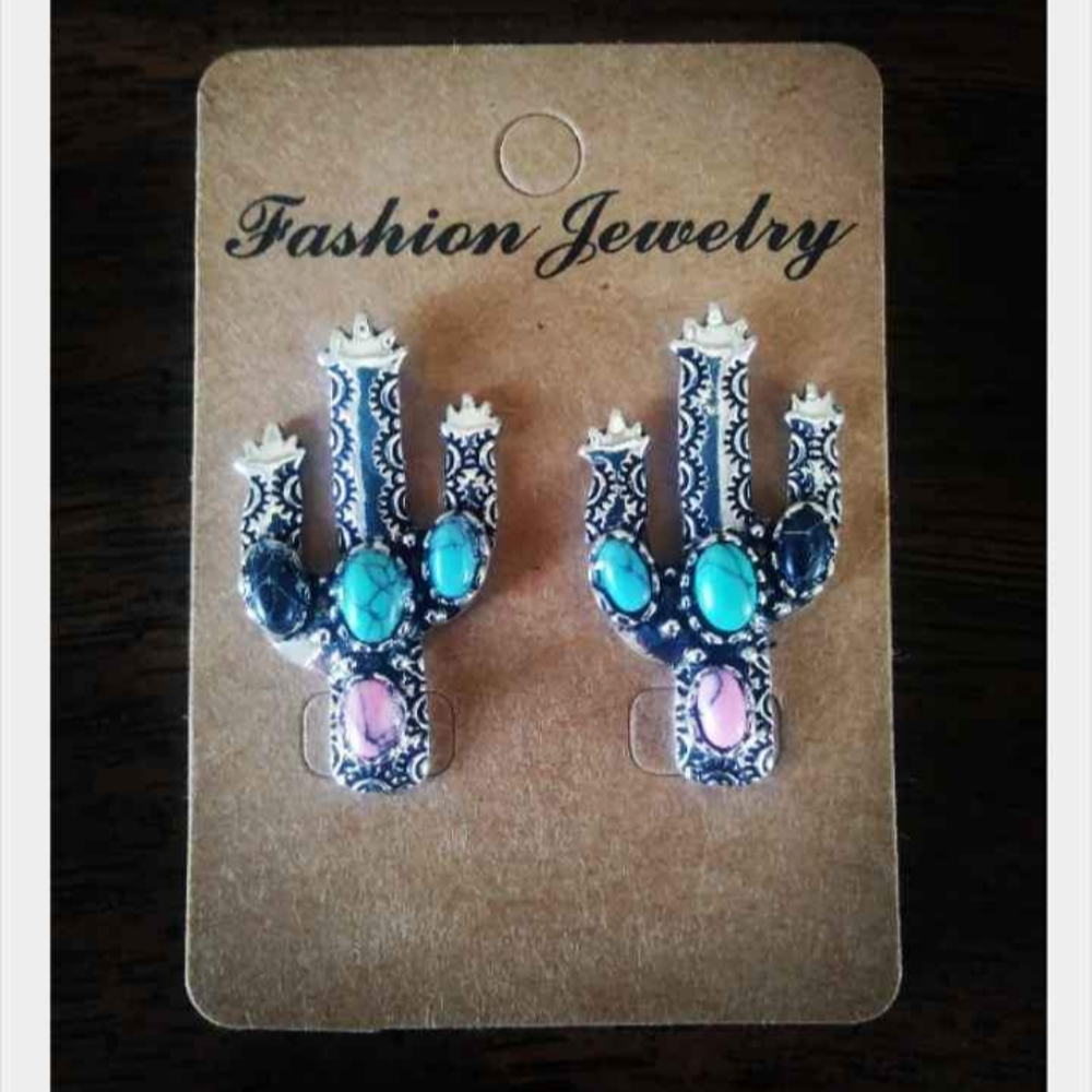 Silver Stone Cactus Stud Earrings